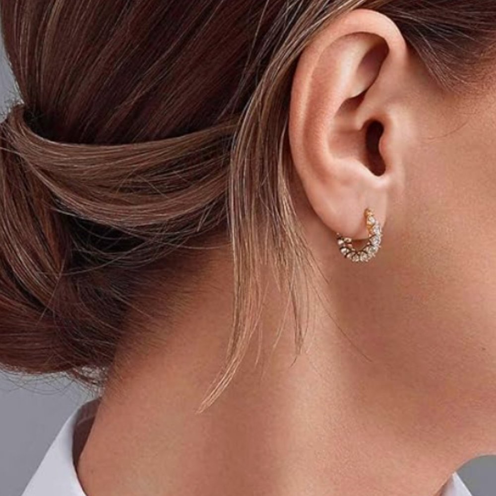 Solid 925 Sterling Silver Hoop Earrings with Cubic Zirconia Stones - Picture 7 of 7